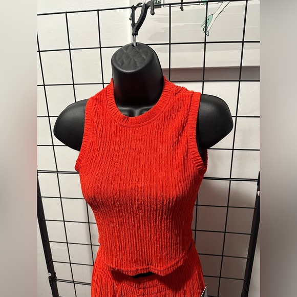 Tomato Red Two Piece Sleeveless Crop Top Pants Set - Picture 5 of 9
